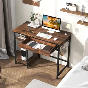 Costway Compact Computer Desk 100CM Industrial Home Office Desk with Drawer