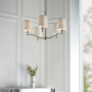 Bright Nickel 5 Light Ceiling Pendant Fitting & Vintage White Fabric Shades