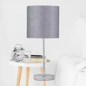 First Choice Lighting Set of 2 Chrome Stick Table Lamps with Grey Glitter Shades