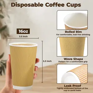 ECONX 16oz Takeaway Coffee Cups Disposable Ripple Insulated Brown Paper Coffee Cups For Hot and Cold Drinks (Pack of 50)