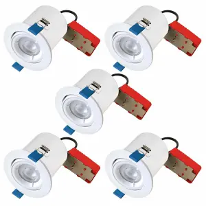 First Choice Lighting Set of 5 White Fire Rated Tilt Recessed Ceiling Downlights with Warm White LED Bulbs