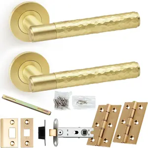 Door Handle & Latch Pack - Satin Brass - Modern Hammered Lever On Round Rose