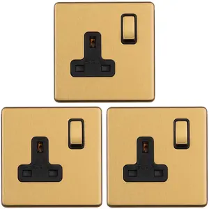 3 PACK 1 Gang DP 13A Switched UK Plug Socket SCREWLESS SATIN BRASS Wall Power