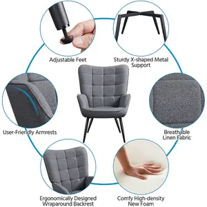 Yaheetech Dark Grey Modern Fabric Accent Chair with Tufted High Back and Ottoman Set