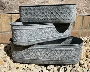 Galvanised Zinc Floral Metal Planter Garden Flower Pots Trough Set of 3 OR 1