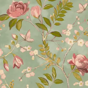 Lola Green Floral Wallpaper Pink Roses Butterflies Smooth Matte Finish Grandeco