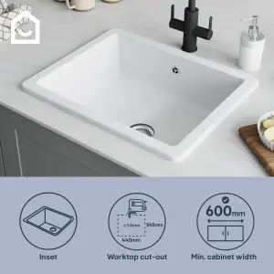 GoodHome Hyssop White Ceramic 1 Bowl Kitchen sink 460mm x 565mm