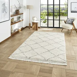 Cream Geometric Shaggy Rug, Stain-Resistant 45mm Thick Modern Rug for Bedroom, Living Room, & Dining Room-60cm X 230cm