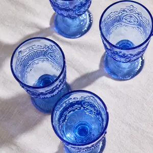 Set of 4 Vintage Luxury Blue Embossed Drinking Wine Glass Wine Goblets 300ml