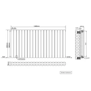 Nes Home Norden 600 x 1180 mm Horizontal Double Oval Tube Anthracite Designer Radiator