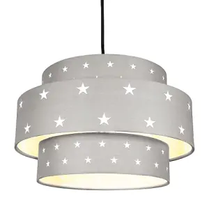 Triple Tier Midnight Grey Cotton Fabric Childrens Pendant Shade with Stars Decor