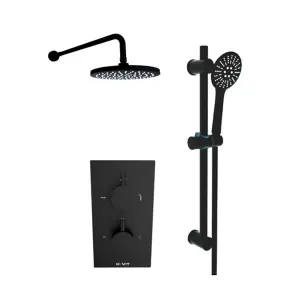 Matt Black Finish Thermostatic Concealed Mixer Shower + Slide Rail Kit & Fixed Overhead Drencher (Sea) - 2 Shower Heads