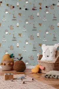 Animal Gymnastics Blue Children's Wallpaper