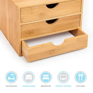 Woodluv 3 Drawer Bamboo Home Office Desktop Tidy A4 Sturdy Stationary Storage Organiser Unit, W25 X D33 X H18.5cm