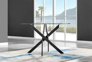 Furniturebox UK Novara Black Leg 120cm Round Glass Dining Table & 6 Grey Velvet Milan Black Leg Chairs