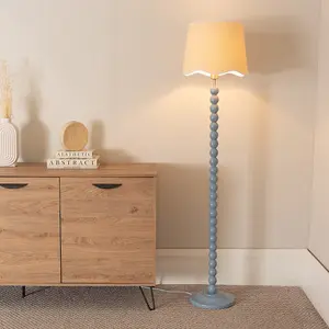 ValueLights Bobbins Powder Blue Floor Lamp with Linen Scallop White Trim Shade and LED Bulb