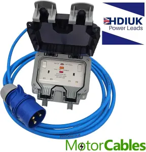 HDIUK - (20 Metres) 32 Amp Plug to Twin 13A RCD Protected IP66 Outdoor Socket Extension