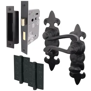 AFIT Black Antique Fleur De Lys Bathroom Door Handle Set - 1 Pair Cast Iron Internal Lever Handles, Hinges (76mm) & Lock (64mm)