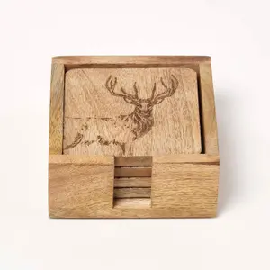 Homescapes Wooden Coaster Set with Stag Design, Set of 4