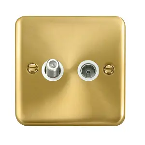 Curved Satin / Brushed Brass Satellite & Coaxial Socket 1 Gang - White Trim - SE Home