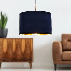 First Choice Lighting Set of 2 Sundance Navy Blue Velvet Pleated 30cm Lamp Shades with Gold Inner