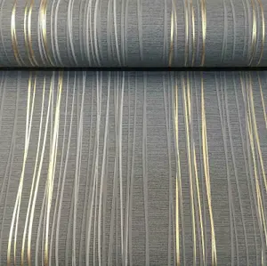 Charcoal Grey Metallic Gold Stripe Textured Vinyl Wallpaper