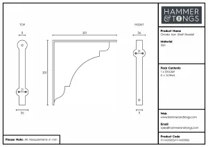 Hammer & Tongs - Ornate Iron Shelf Bracket - D200mm - Raw