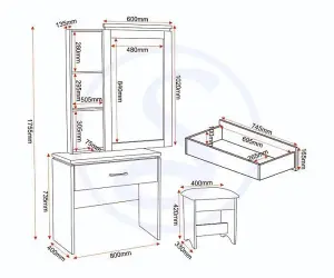 Charles 1 Drawer Dressing Table Set Oak Effect and Brown Faux Leather