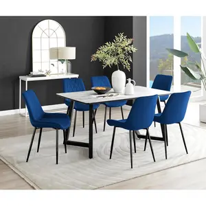 Industrial Design White & Grey Marble Effect Melamine Dining Table Set with 6 Luxury Velvet Chairs Navy/Black