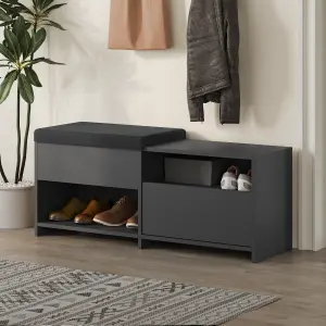 Decortie Modern Filux Shoe Bench Rack Anthracite Sliding Fabric Seat and 120.3(W) Storage Cabinet 2-Tier Open Shelves Hallway