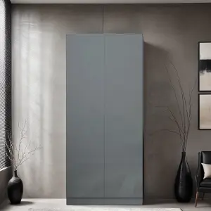 Grey Gloss 2 Door Double Wardrobe Push Open Soft Closing Bedroom Furniture