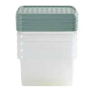 Wham Clip 5x 9L Square Plastic Storage Boxes with Secure Clip Lock Lids. L:29 x W:29 x H:15.5cm Clear/Green Milieu/Stone