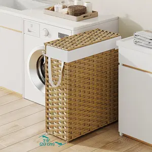 SONGMICS Slim Laundry Basket, Synthetic Rattan Storage Basket with Lid and Handles, Wicker, Goose Yellow