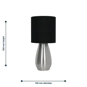 First Choice Lighting Set of 2 Bullet Satin Nickel Touch Table Lamps with Black Fabric Shades