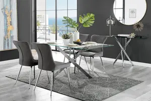 Furniturebox UK Leonardo Glass And Chrome Metal Dining Table And 6 Dark Grey Nora Velvet Silver Leg Chairs