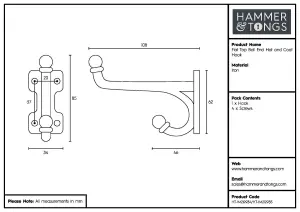 Hammer & Tongs - Flat Top Ball End Hat & Coat Hook - W35mm x H85mm - Brass