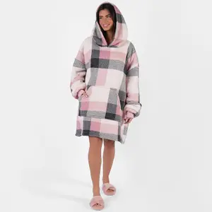 Dreamscene Check Hoodie Blanket Soft Wearable Sherpa Oversized Sweatshirt, Blush