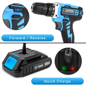 Naerok Cordless Drill 20V Electric Screwdriver Fast Charge 13 Pc Kit Li-Ion Battery Work Light & Charger Included