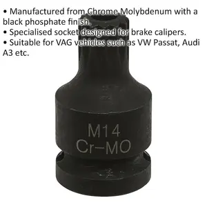 M14 Brake Caliper Spline Bit Socket for 1/2 Inch Drive - Compatible with VW and Audi Vehicles