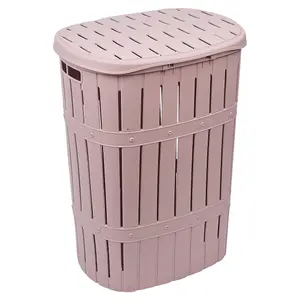 URBNLIVING 65L Purple Plastic Bamboo Style Laundry Basket Storage Bin With Handles & Easy Open Lid