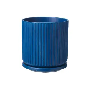 Ceramic Ridged Design Plant Pot With Saucer. Marion Blue - H17.5 cm