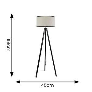 ValueLights Barbro Black Wood Tripod Floor Lamp with Natural Linen with Black Trim Drum Shade