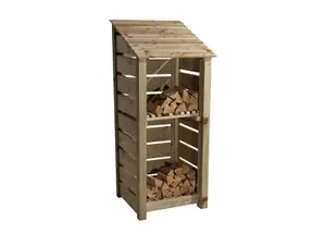 Slatted wooden log store with kindling shelf W-79cm, H-180cm, D-88cm - natural (light green) finish