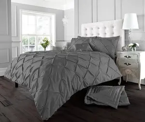 Smart Living Pintuck Duvet Cover With Pillowcases Polycotton Quilt Bedding Covers Pinch Pleated Comforter Cover Set - Charcoal