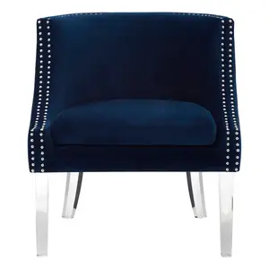 Interiors By Premier Velvet Upholstered Blue Curved Chair, Mid Century Design Comfortable Armchair, Sleek Modern Armchair