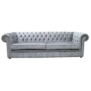 Chesterfield 4 Seater Sofa Shimmer Silver Velvet Fabric In Classic Style