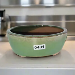 13cm Glazed Bonsai Pot - Oval - 13cm x 10cm x 5cm - Green