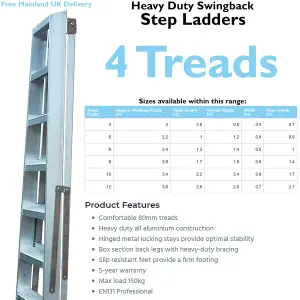 0.8m Aluminium Swingback Step Ladders 4 Tread Professional Lightweight Steps