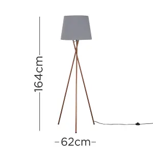 ValueLights Hardy Modern Copper Metal Tripod Floor Lamp with Grey Tapered Shade - Includes 6w LED Bulb 3000K Warm White