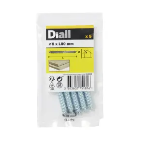 Diall Zinc-plated Carbon steel Dowel screw (Dia)8mm (L)80mm, Pack of 5